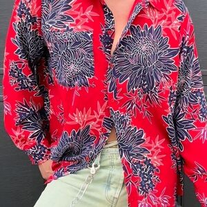 Liz Claiborne Red and Blue Boxy Dress Shirt Tropical Resort Vacation